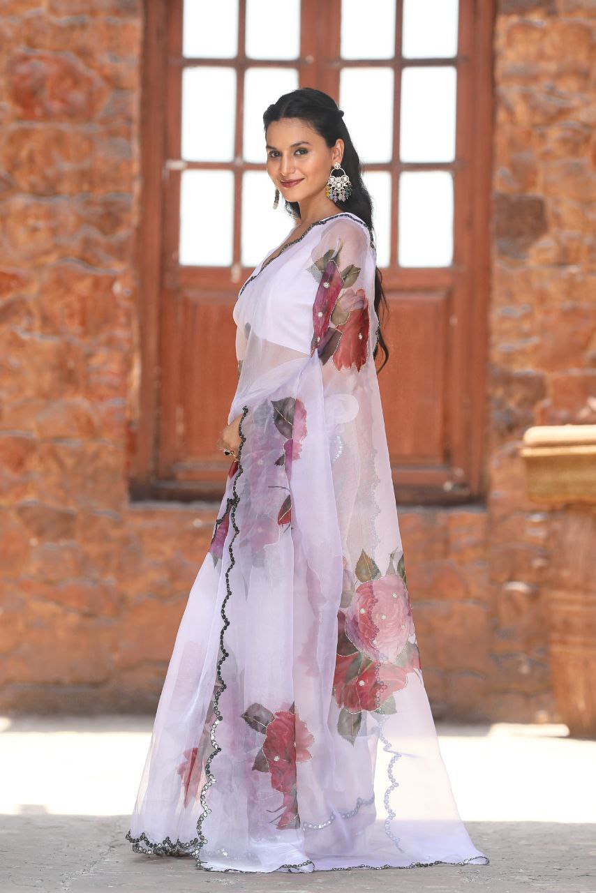 Soft Pure Organza Lavender White Saree with Blouse