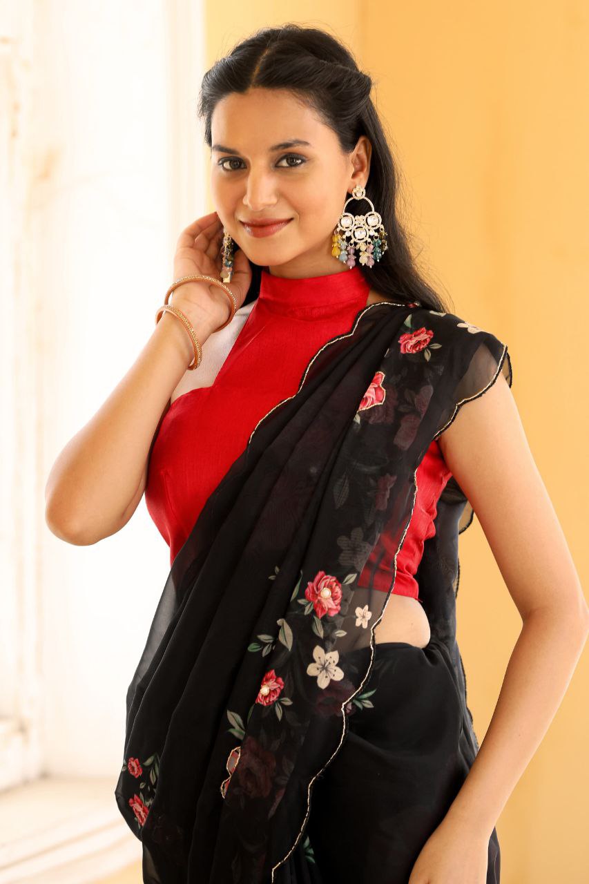 Black Floral Tabby Organza Handwork & Aarco Cut Border Saree with Blouse