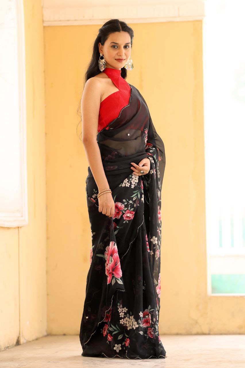 Black Floral Tabby Organza Handwork & Aarco Cut Border Saree with Blouse