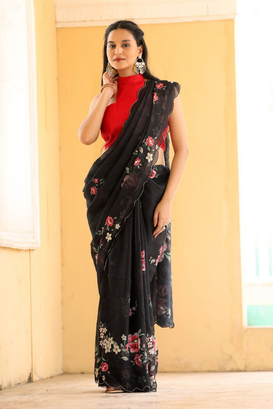 Black Floral Tabby Organza Handwork & Aarco Cut Border Saree with Blouse