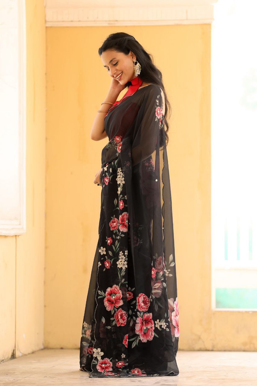 Black Floral Tabby Organza Handwork & Aarco Cut Border Saree with Blouse