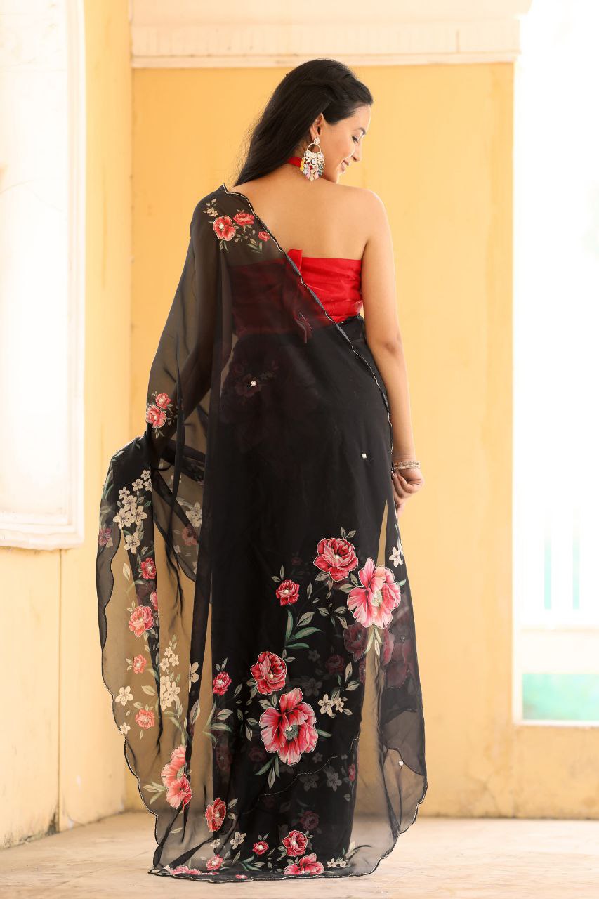 Black Floral Tabby Organza Handwork & Aarco Cut Border Saree with Blouse