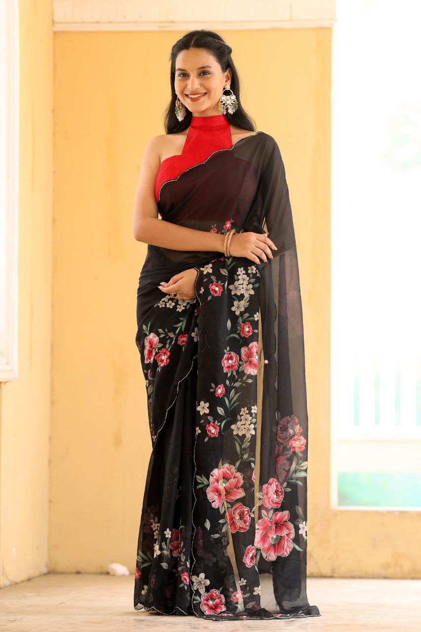 Black Floral Tabby Organza Handwork & Aarco Cut Border Saree with Blouse