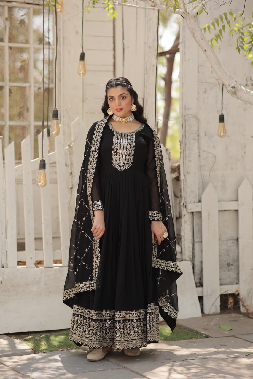 Sequins Embroidered Faux Blooming Gown with Dupatta