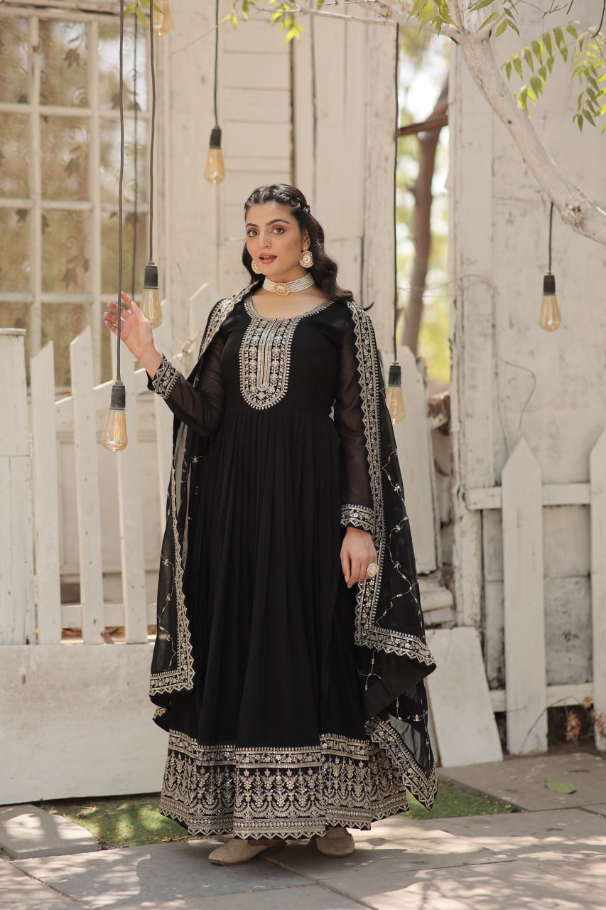 Sequins Embroidered Faux Blooming Gown with Dupatta