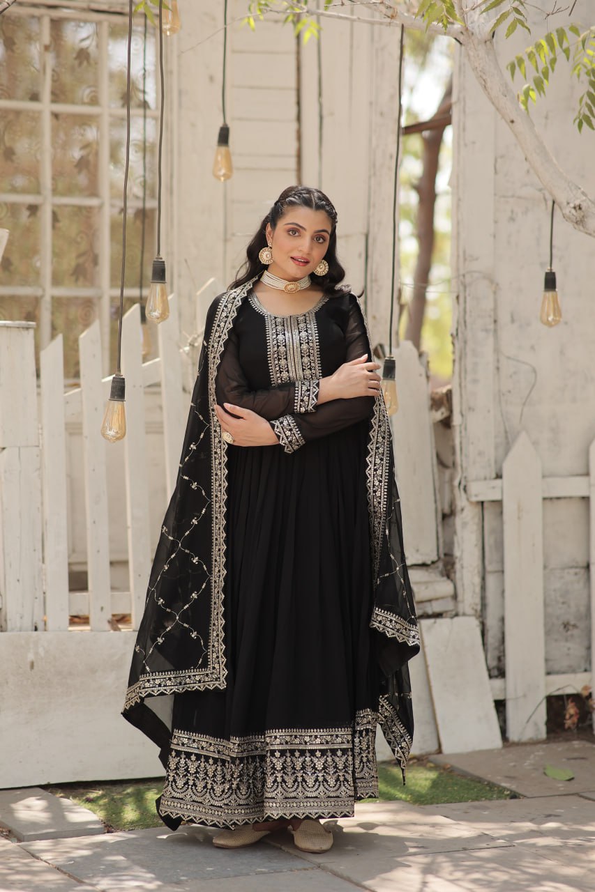 Sequins Embroidered Faux Blooming Gown with Dupatta