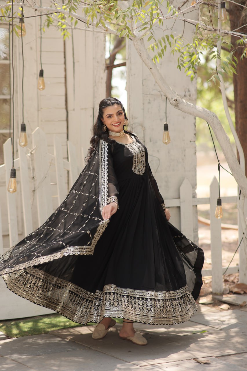 Sequins Embroidered Faux Blooming Gown with Dupatta