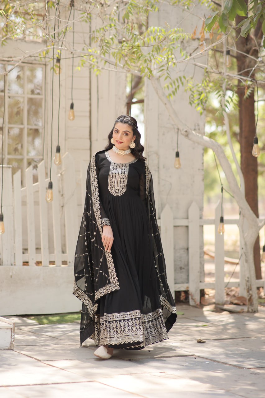 Sequins Embroidered Faux Blooming Gown with Dupatta