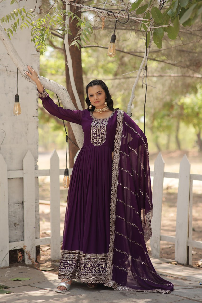 Sequins Embroidered Faux Blooming Gown with Dupatta