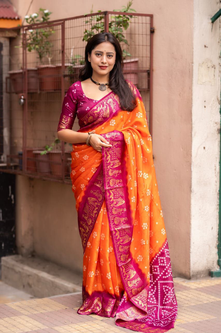 Elegant Self-Woven Border Soft Crepe Bandhani Saree With Blouse