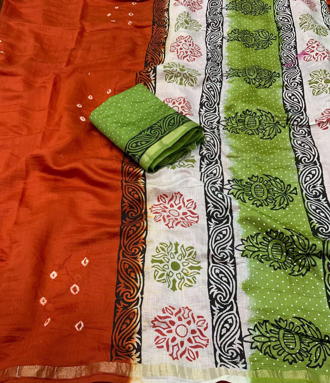 Women's Beautiful Zari Woven Border Hand Block Printed Chanderi Cotton Bandhani Saree With Blouse