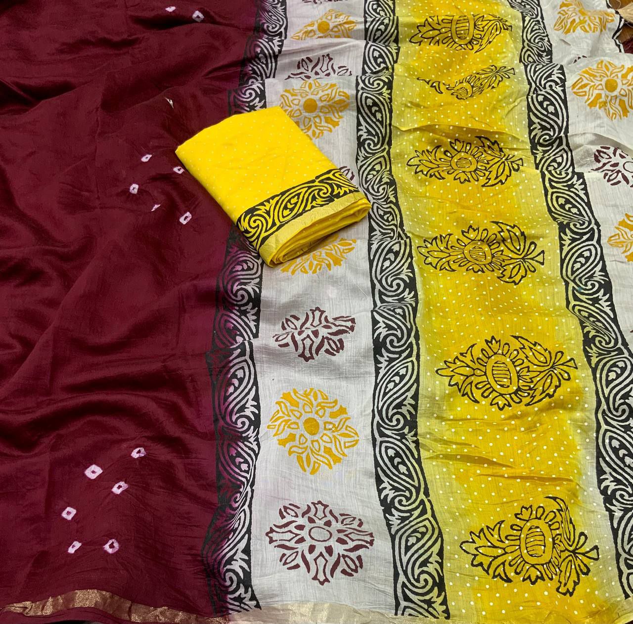 Women's Beautiful Zari Woven Border Hand Block Printed Chanderi Cotton Bandhani Saree With Blouse