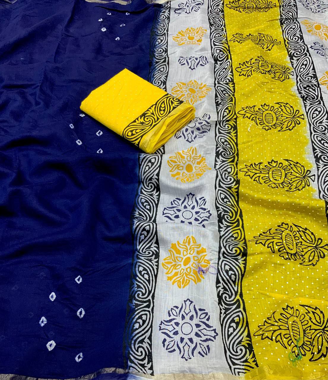 Women's Beautiful Zari Woven Border Hand Block Printed Chanderi Cotton Bandhani Saree With Blouse