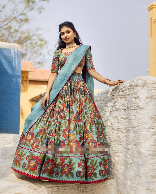 "Kalamkari Printed Chent Crep Lehenga Choli Set with Fox Georgette Dupatta"