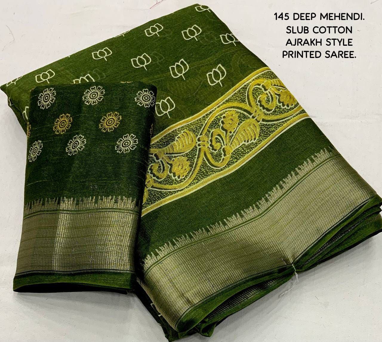 Slub Cotton Ajrakh Print Saree with Blouse