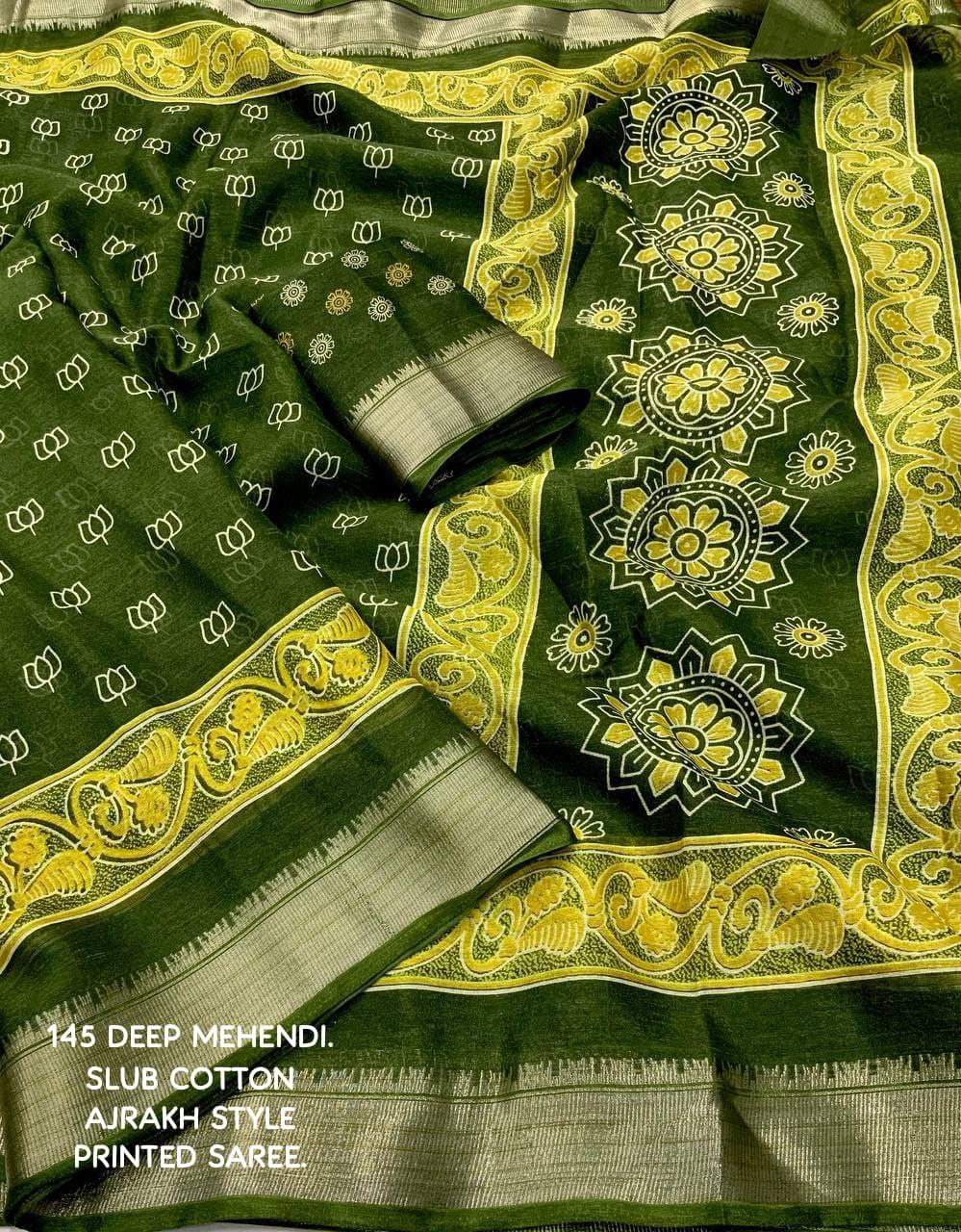 Slub Cotton Ajrakh Print Saree with Blouse