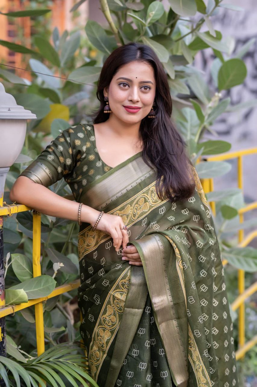 Slub Cotton Ajrakh Print Saree with Blouse