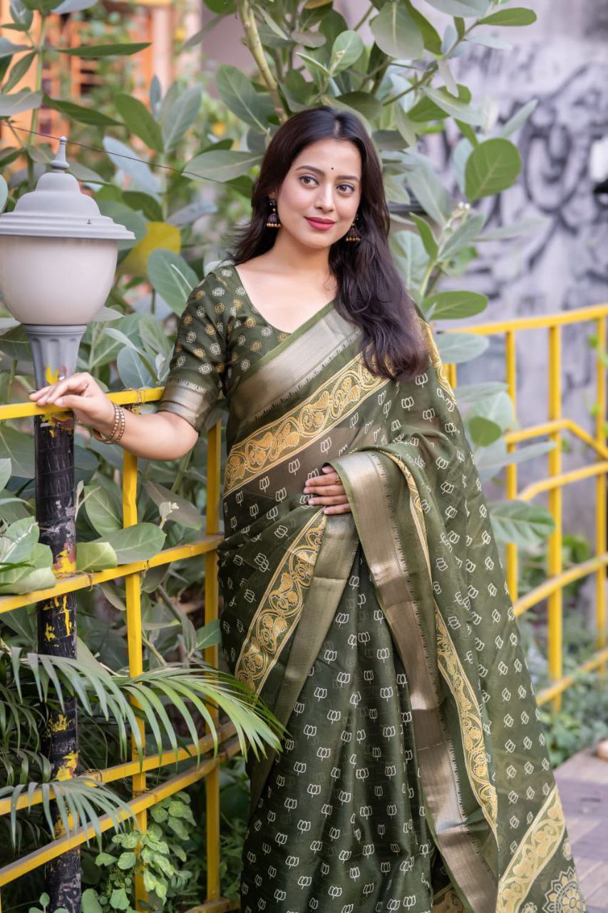 Slub Cotton Ajrakh Print Saree with Blouse