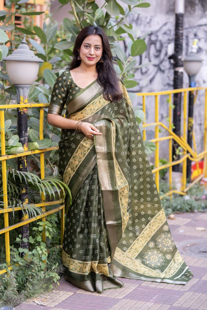 Slub Cotton Ajrakh Print Saree with Blouse