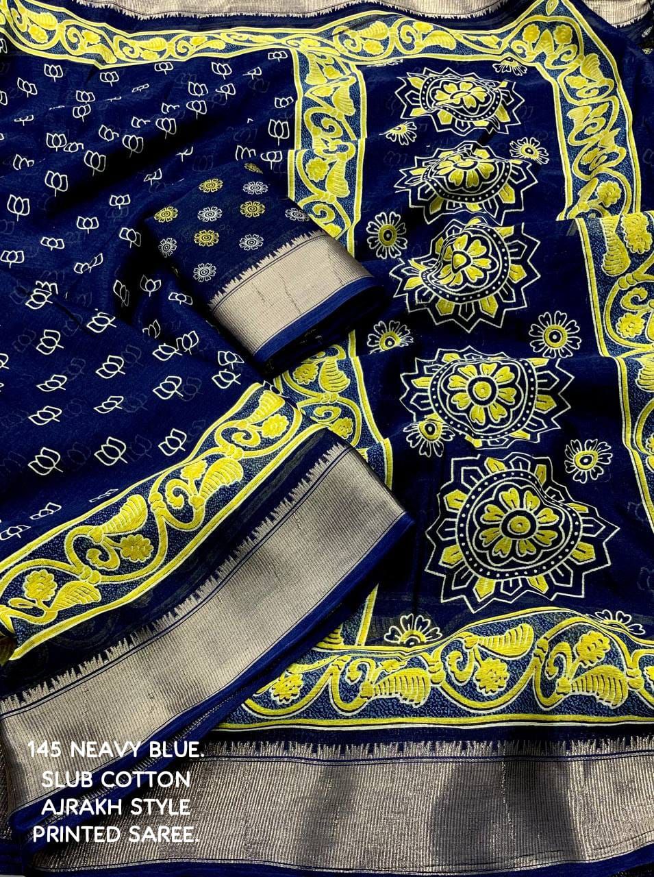 Slub Cotton Ajrakh Print Saree with Blouse