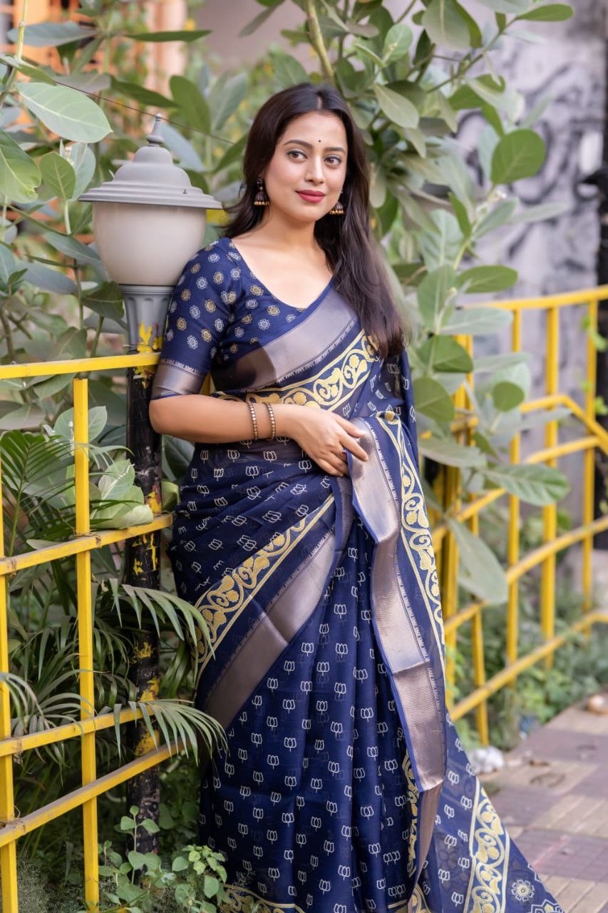 Slub Cotton Ajrakh Print Saree with Blouse