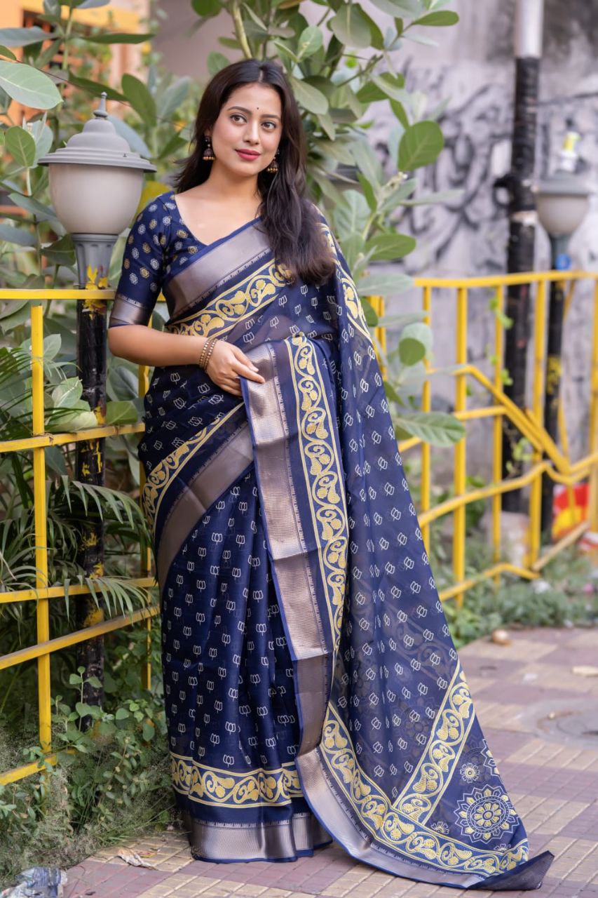 Slub Cotton Ajrakh Print Saree with Blouse