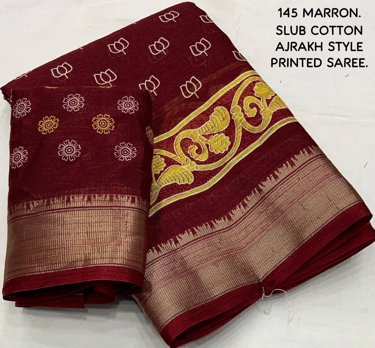 Slub Cotton Ajrakh Print Saree with Blouse