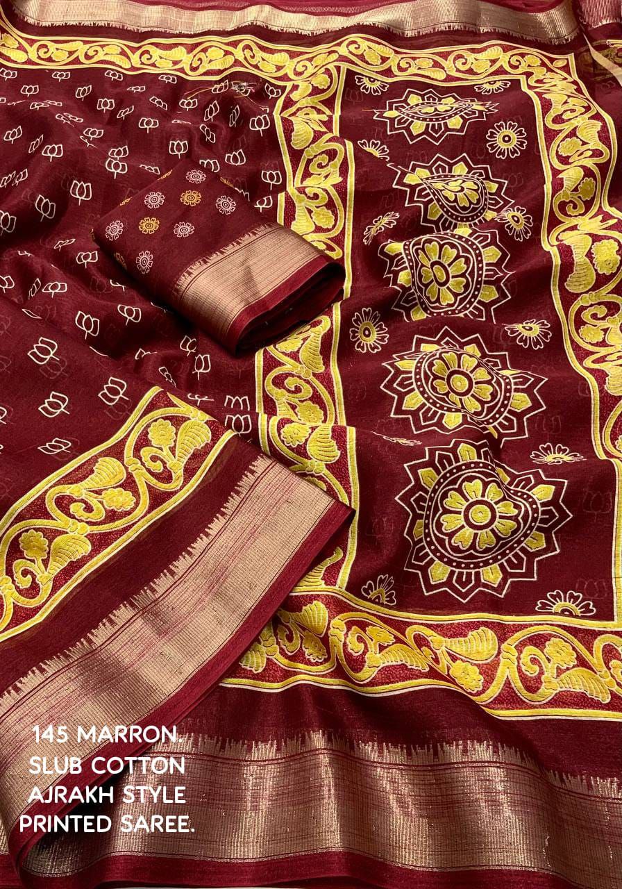 Slub Cotton Ajrakh Print Saree with Blouse