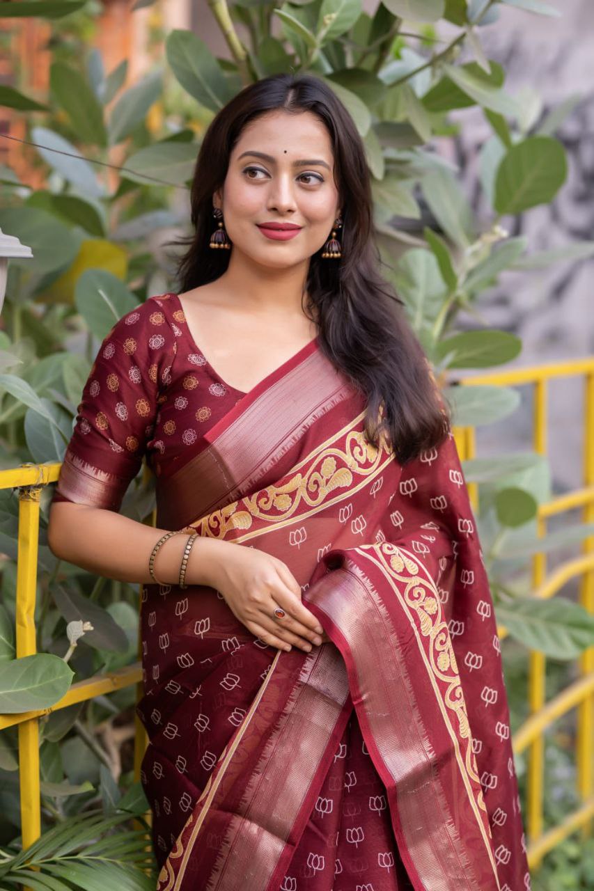 Slub Cotton Ajrakh Print Saree with Blouse