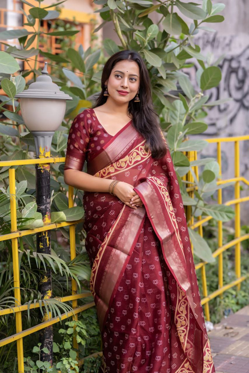 Slub Cotton Ajrakh Print Saree with Blouse