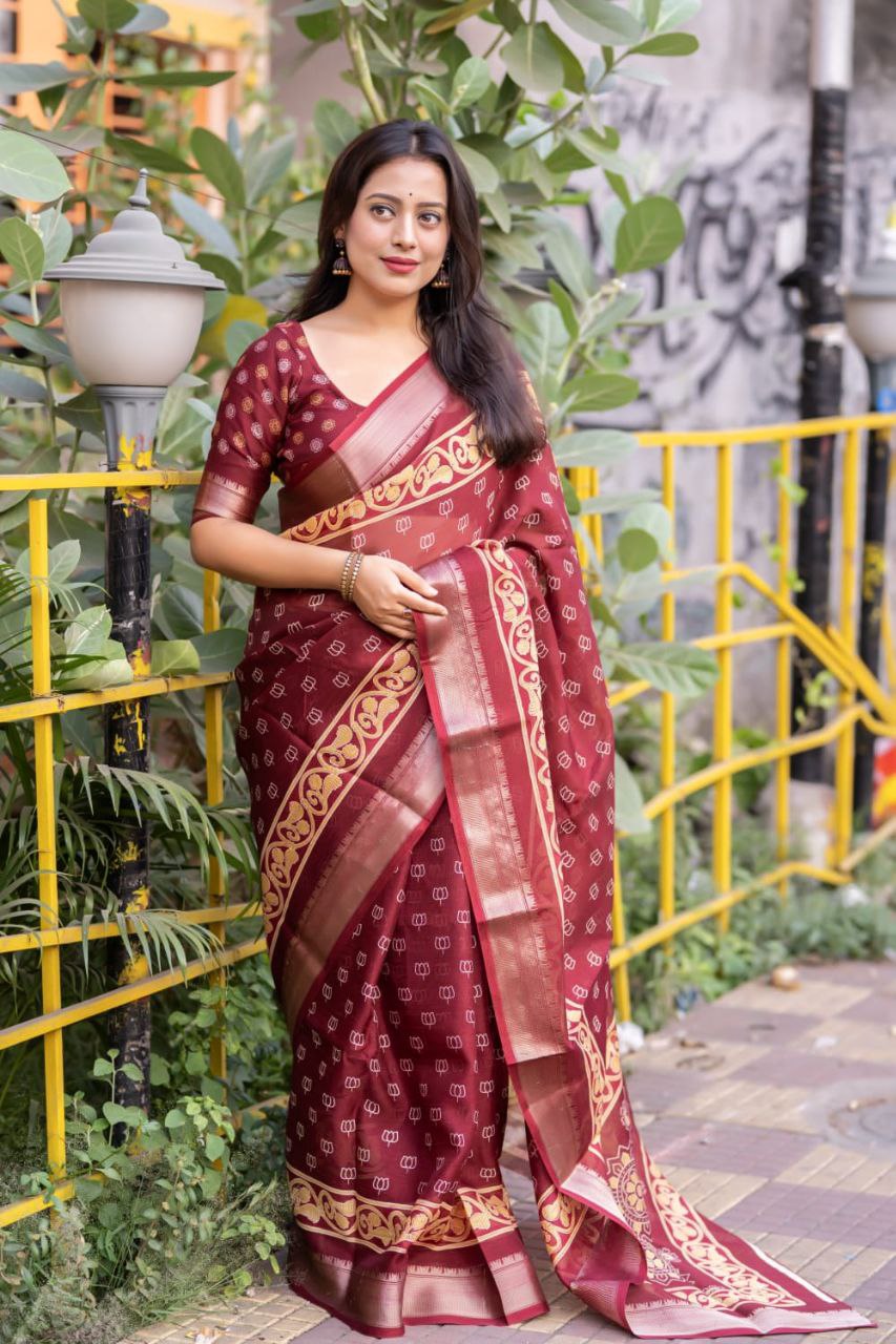 Slub Cotton Ajrakh Print Saree with Blouse