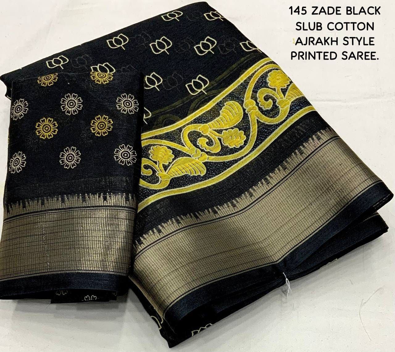 Slub Cotton Ajrakh Print Saree with Blouse