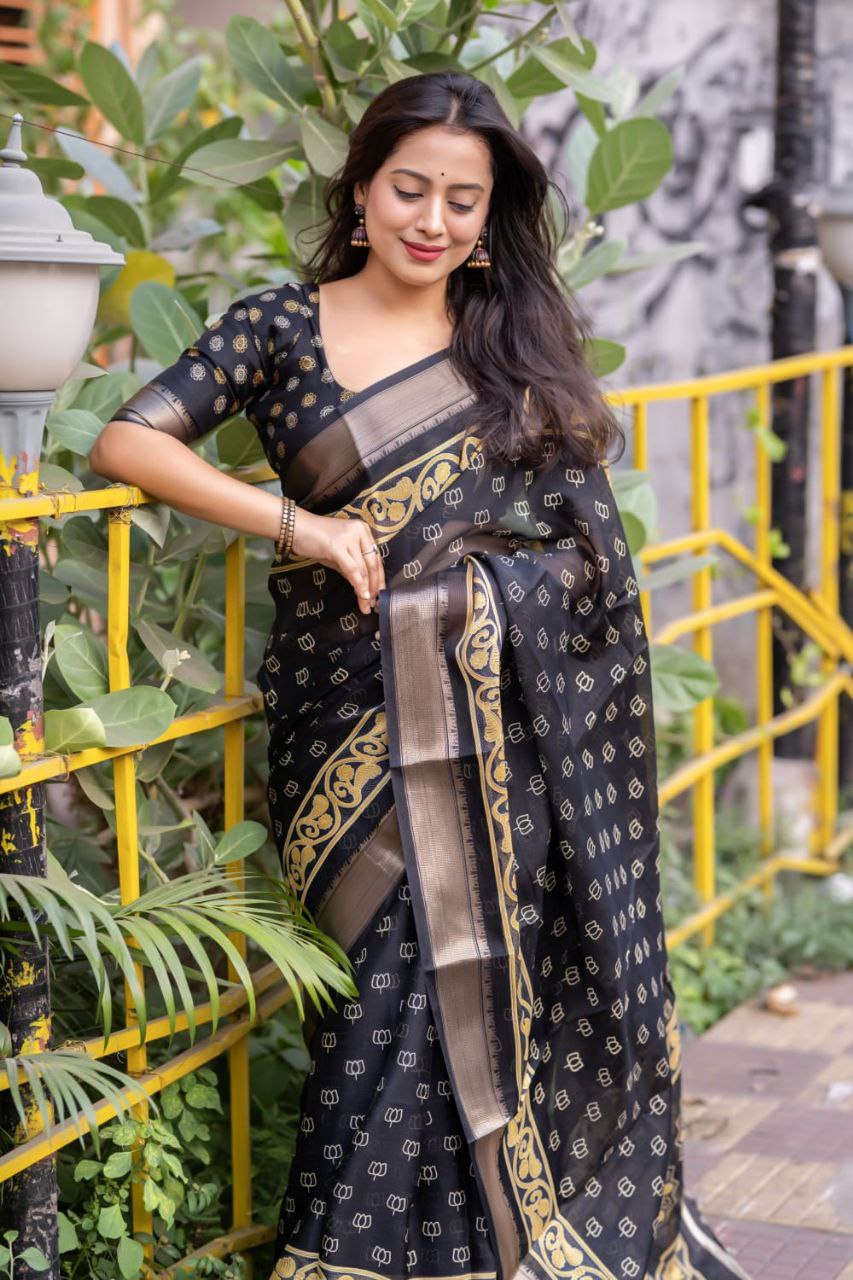 Slub Cotton Ajrakh Print Saree with Blouse