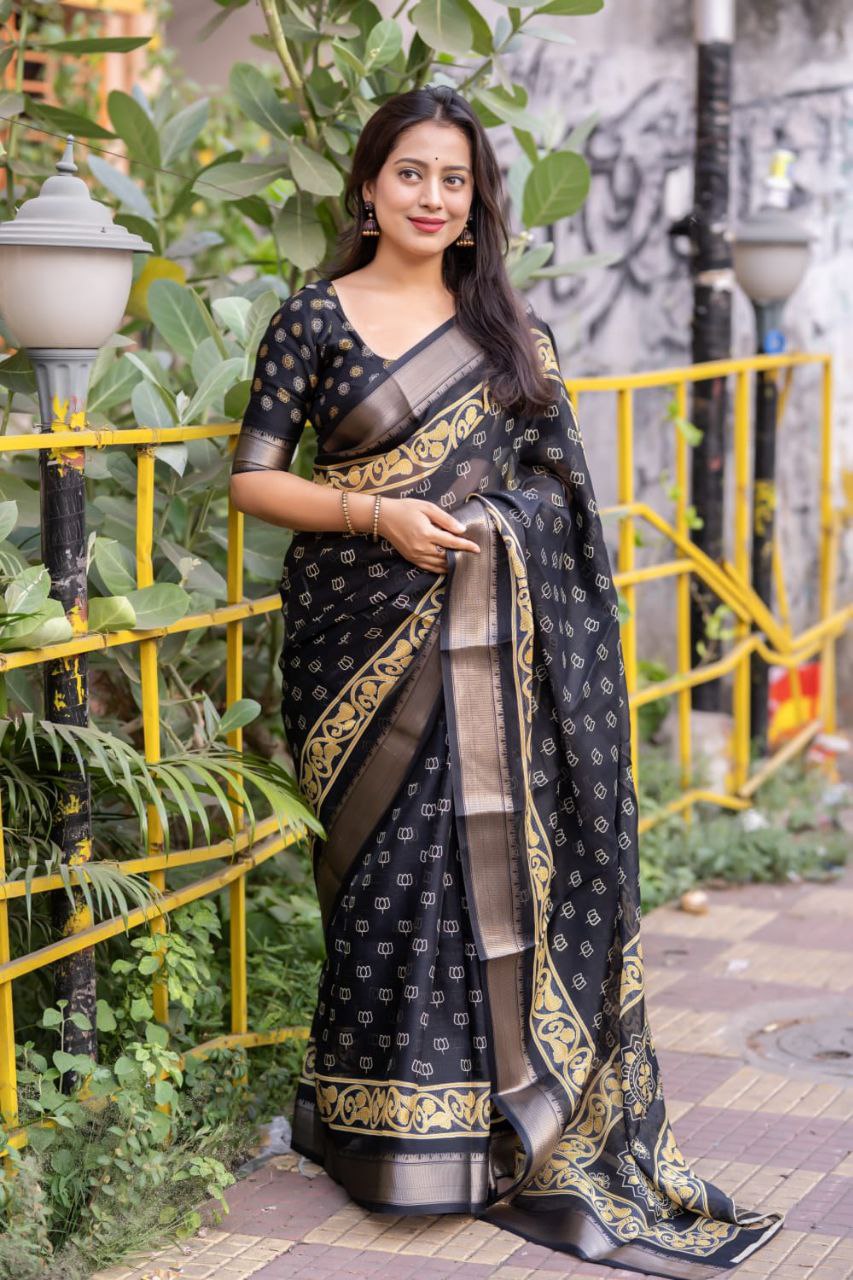 Slub Cotton Ajrakh Print Saree with Blouse