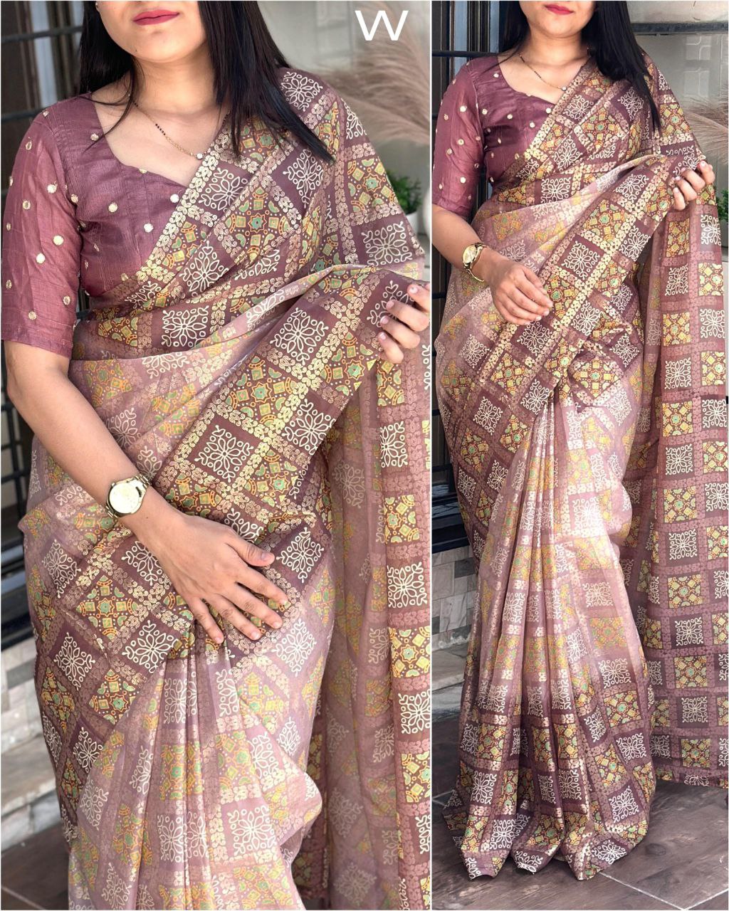 " Bandhej Print Glass Organza Saree with Gota Patti Blouse"