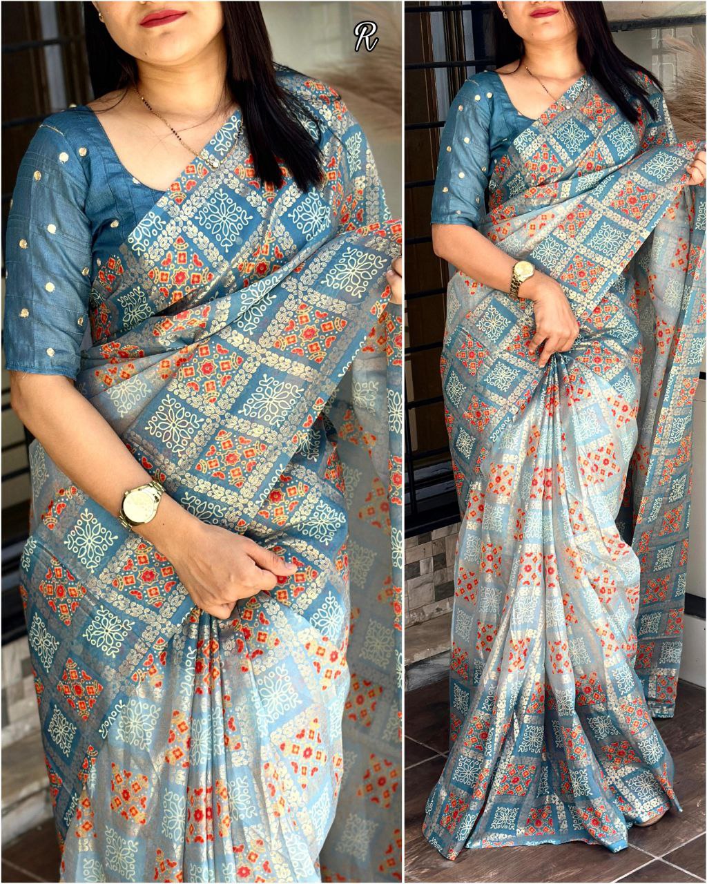 " Bandhej Print Glass Organza Saree with Gota Patti Blouse"