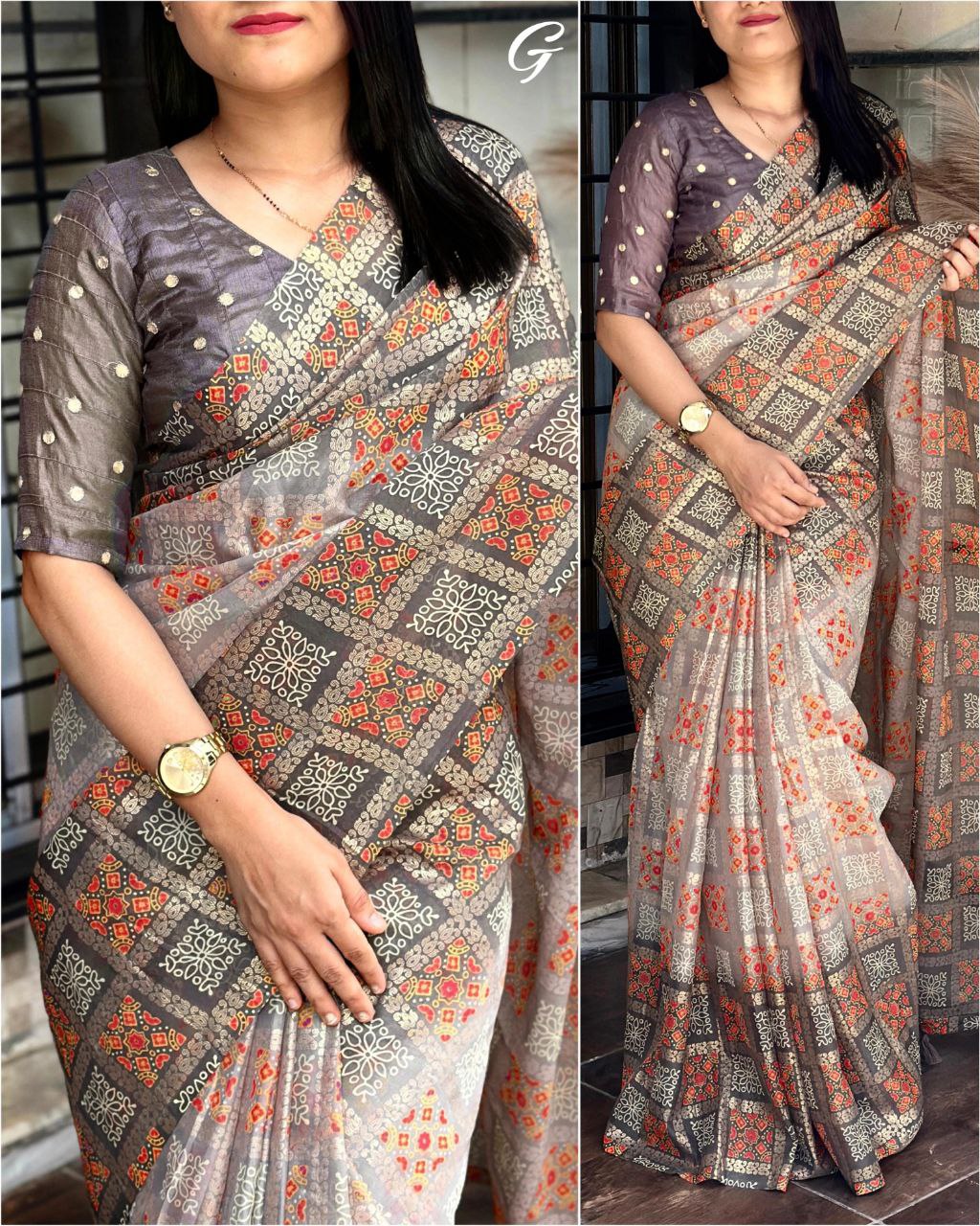 " Bandhej Print Glass Organza Saree with Gota Patti Blouse"