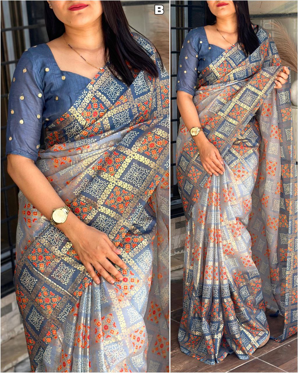 " Bandhej Print Glass Organza Saree with Gota Patti Blouse"