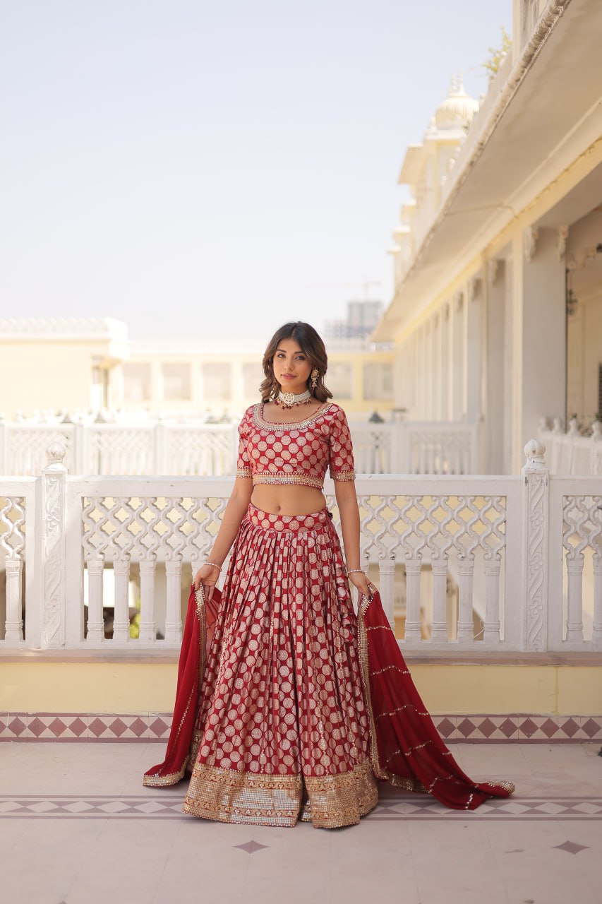 Sequins Embroidery Work Pure Viscose Jacquard Lehenga Choli Set