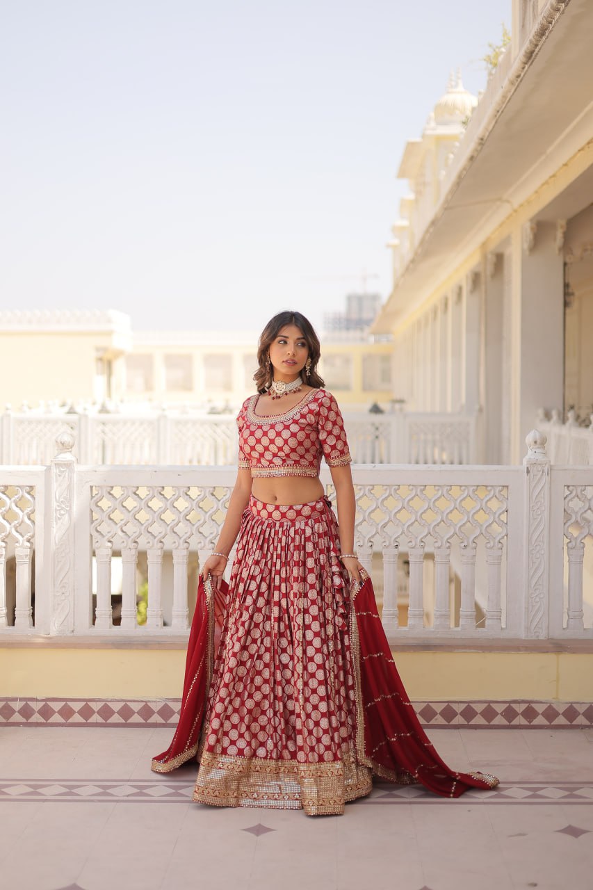 Sequins Embroidery Work Pure Viscose Jacquard Lehenga Choli Set