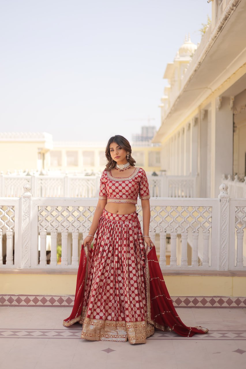 Sequins Embroidery Work Pure Viscose Jacquard Lehenga Choli Set