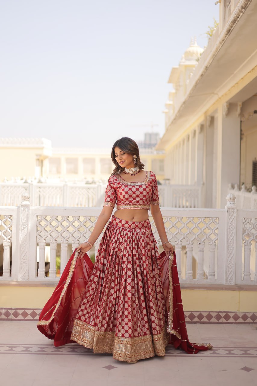 Sequins Embroidery Work Pure Viscose Jacquard Lehenga Choli Set