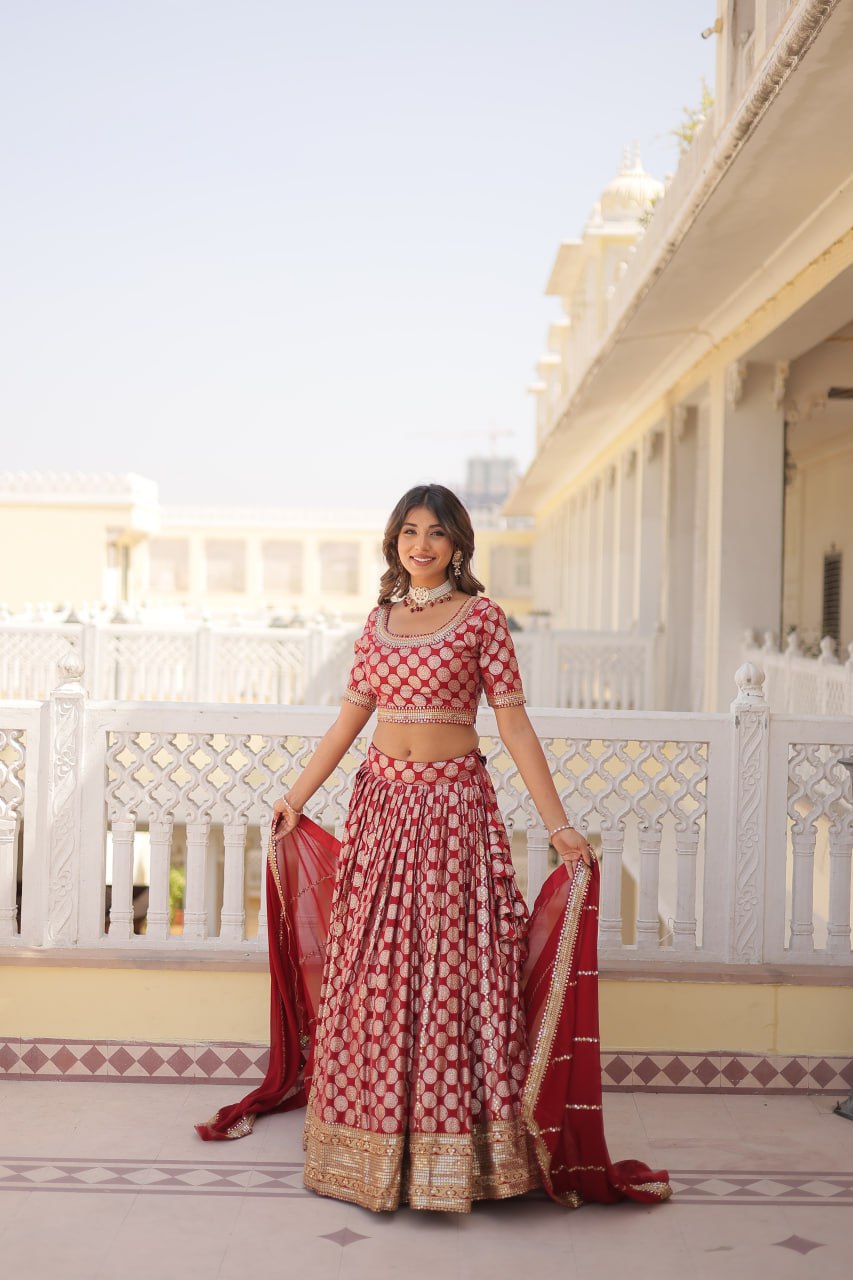 Sequins Embroidery Work Pure Viscose Jacquard Lehenga Choli Set