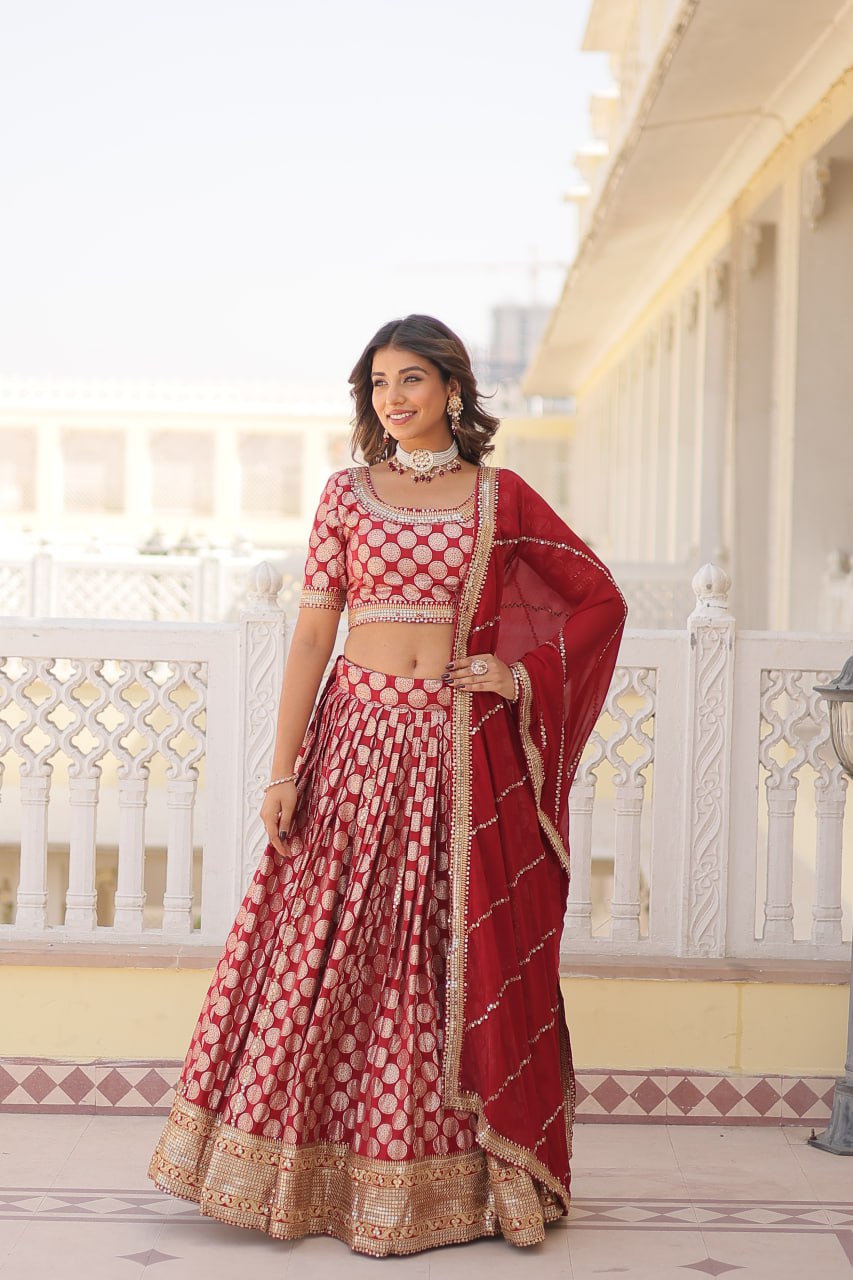 Sequins Embroidery Work Pure Viscose Jacquard Lehenga Choli Set