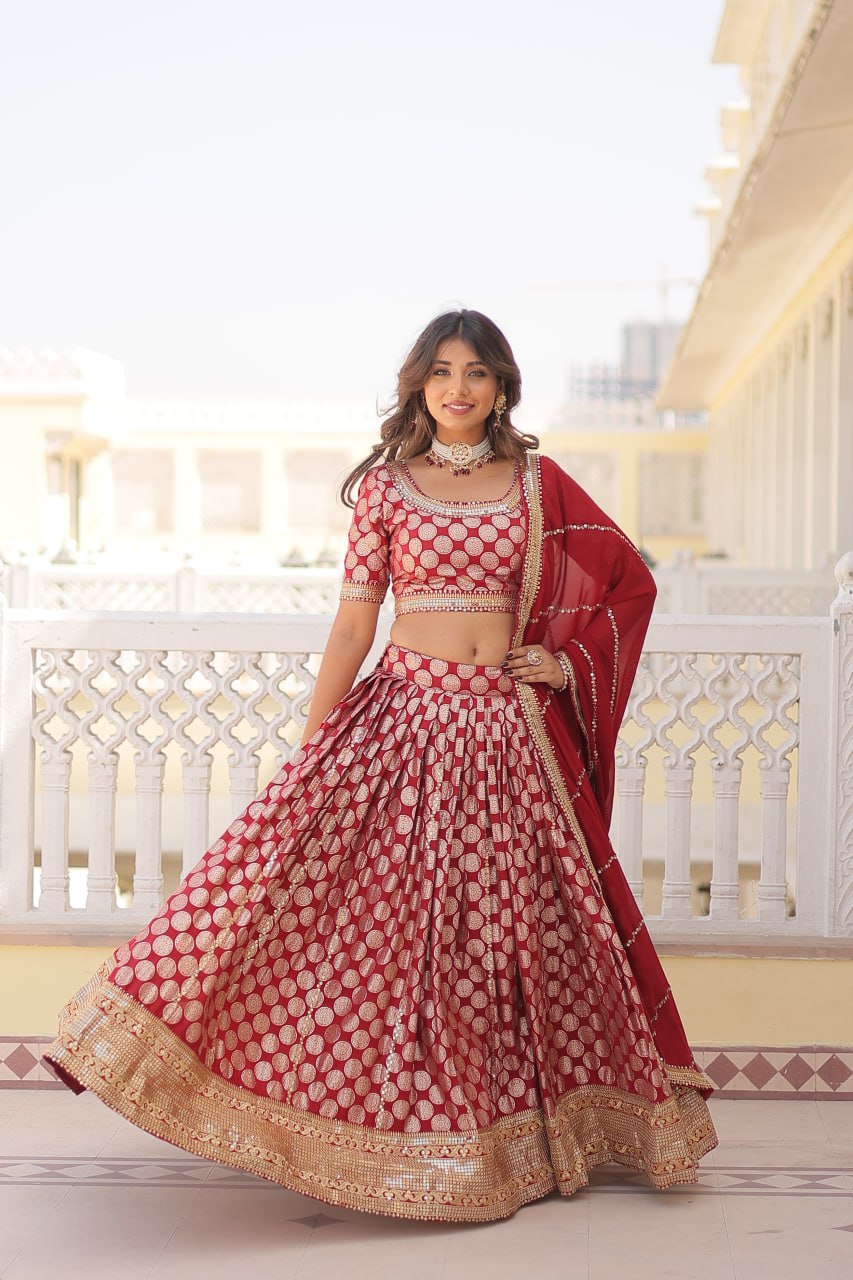 Sequins Embroidery Work Pure Viscose Jacquard Lehenga Choli Set