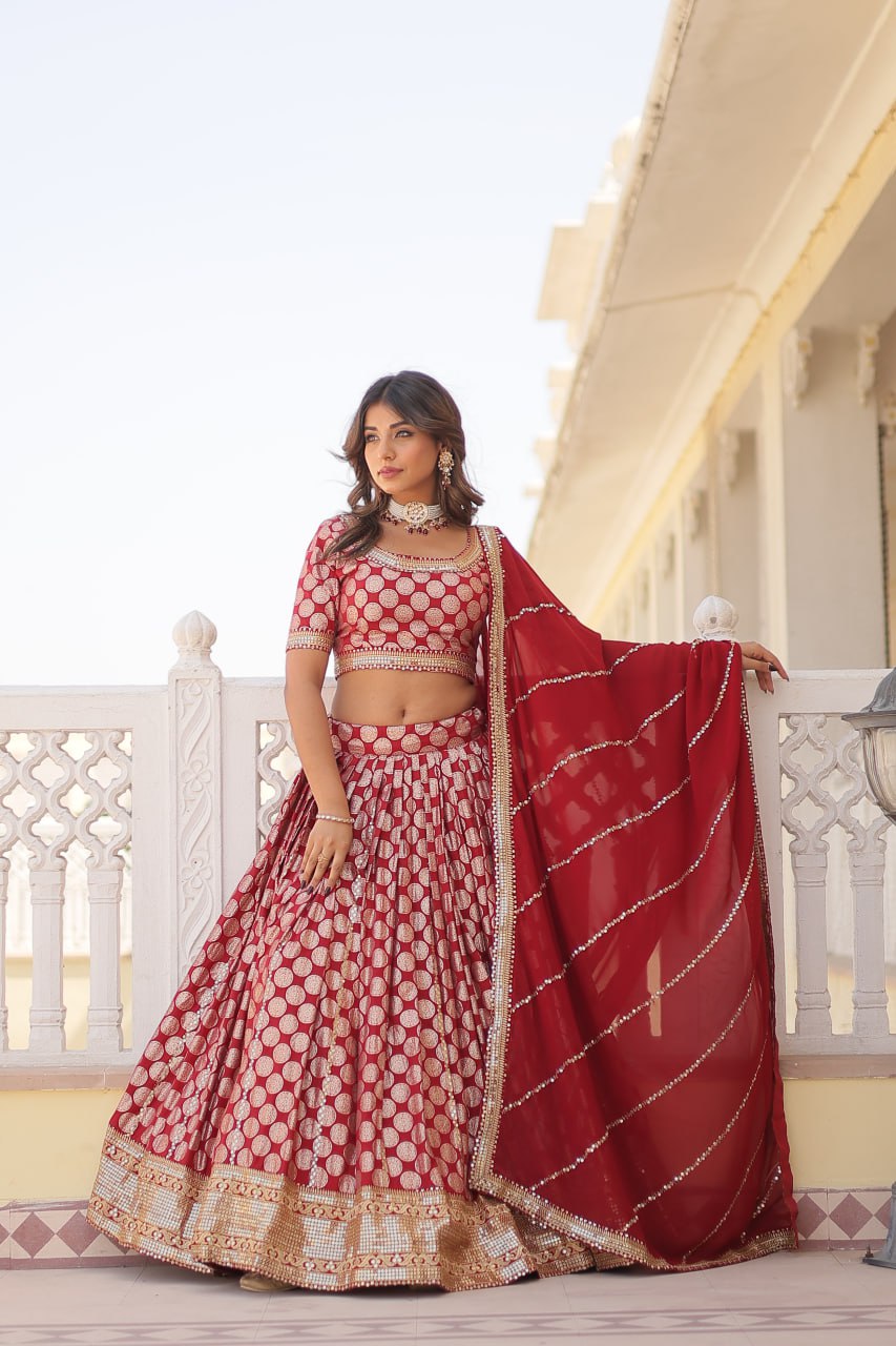 Sequins Embroidery Work Pure Viscose Jacquard Lehenga Choli Set