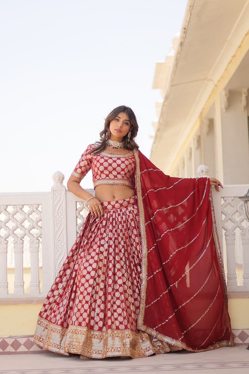 Sequins Embroidery Work Pure Viscose Jacquard Lehenga Choli Set