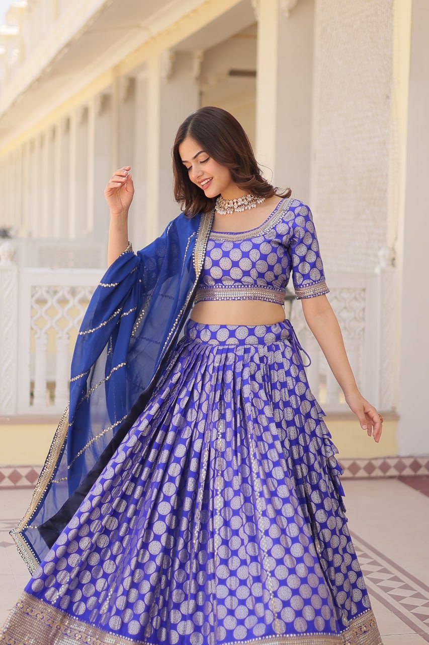 Sequins Embroidery Work Pure Viscose Jacquard Lehenga Choli Set