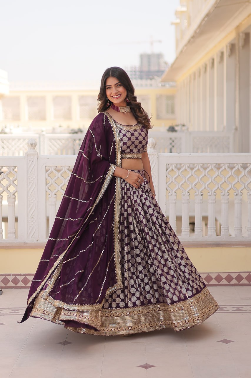 Sequins Embroidery Work Pure Viscose Jacquard Lehenga Choli Set