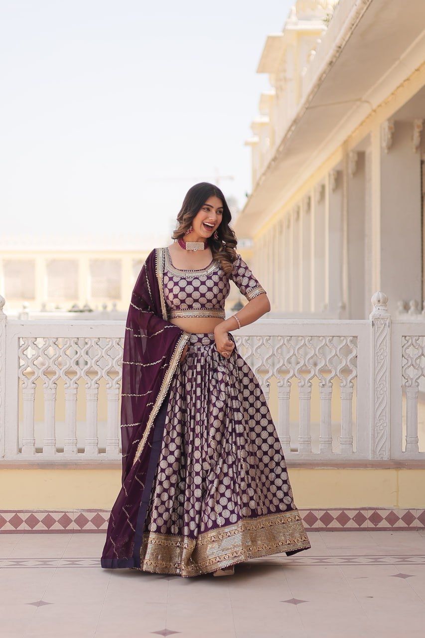 Sequins Embroidery Work Pure Viscose Jacquard Lehenga Choli Set